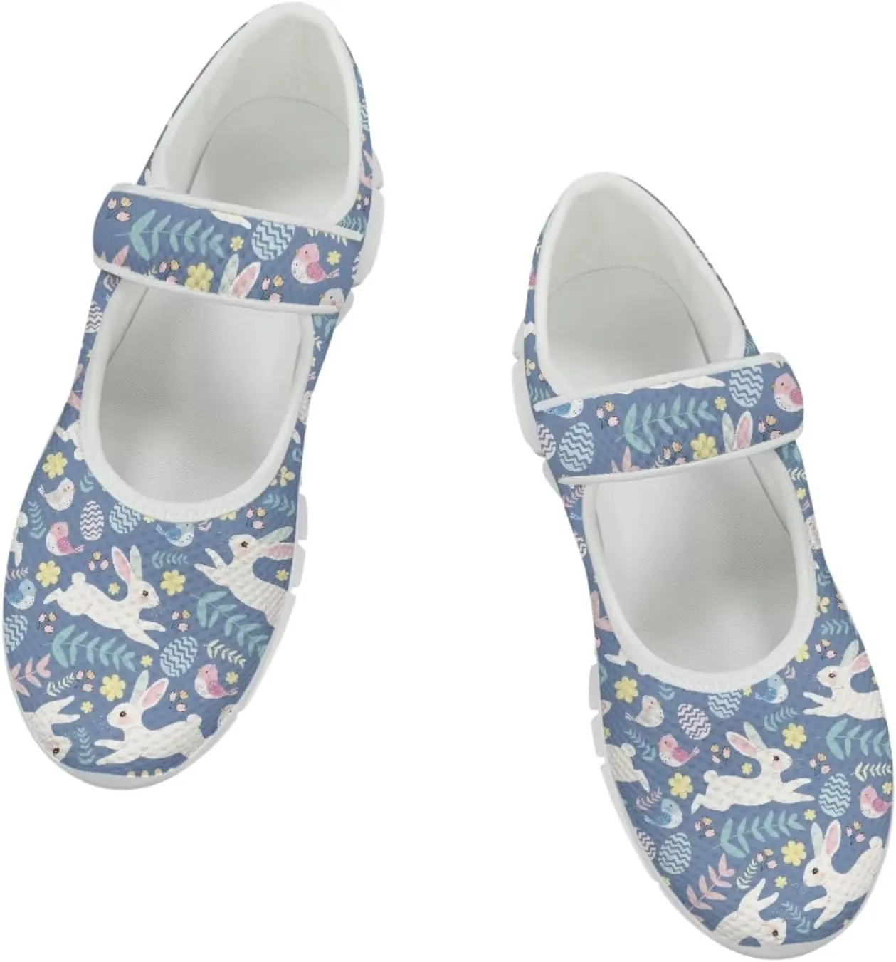 Howilath Easter Bunny Print Women's Ballet Flats Round Toe Mary Janes Ballerina Shoes with Magic Sticker