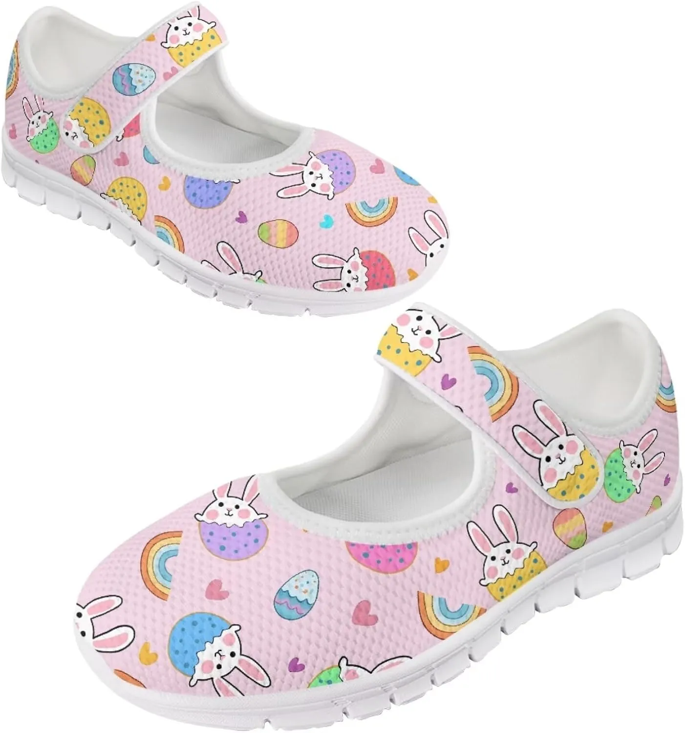 Howilath Easter Bunny Print Women's Ballet Flats Round Toe Mary Janes Ballerina Shoes with Magic Sticker