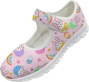 Howilath Easter Bunny Print Women's Ballet Flats Round Toe Mary Janes Ballerina Shoes with Magic Sticker