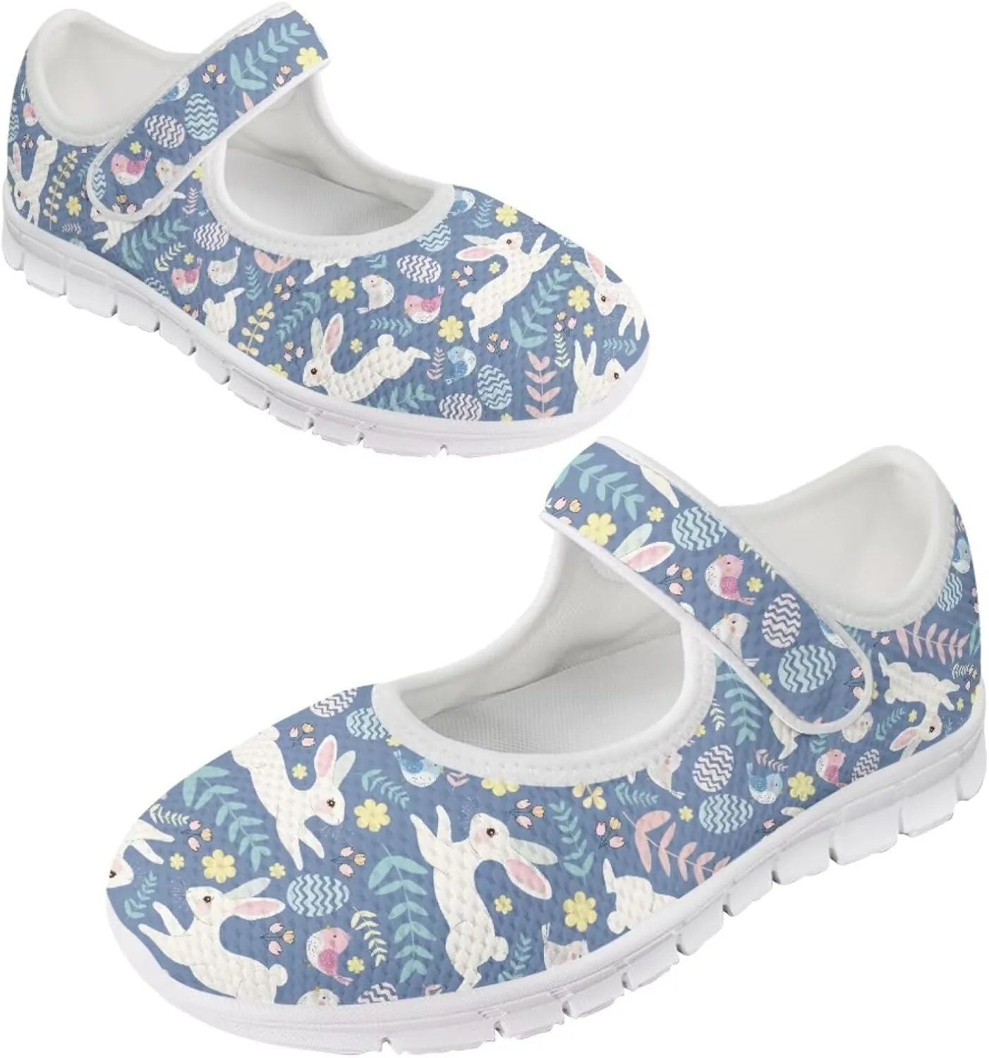 Howilath Easter Bunny Print Women's Ballet Flats Round Toe Mary Janes Ballerina Shoes with Magic Sticker