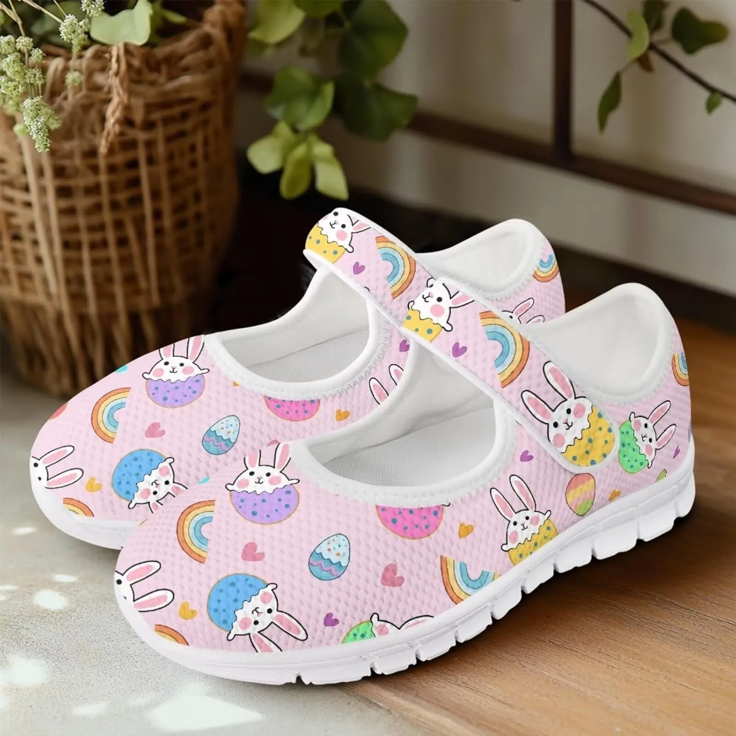 Howilath Easter Bunny Print Women's Ballet Flats Round Toe Mary Janes Ballerina Shoes with Magic Sticker