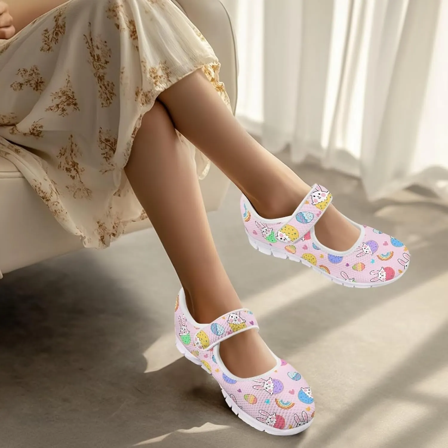 Howilath Easter Bunny Print Women's Ballet Flats Round Toe Mary Janes Ballerina Shoes with Magic Sticker