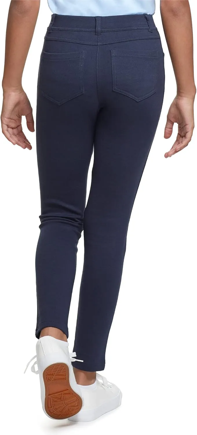 IZOD Girls' School Uniform Skinny Leg Jegging, Flat Front Style with Faux Button, Functional Back Pockets