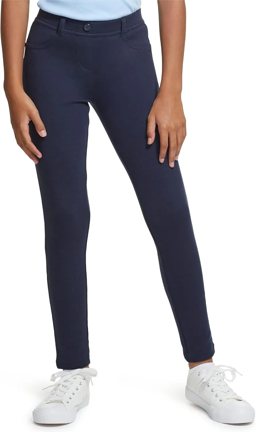 IZOD Girls' School Uniform Skinny Leg Jegging, Flat Front Style with Faux Button, Functional Back Pockets