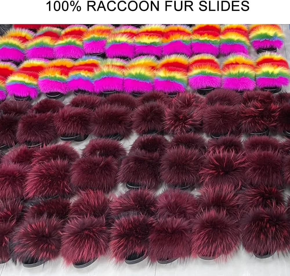 Jancoco Max Womens Fur Sliders Slippers Raccoon Fur Furry Slides Fashion Flat Soft Open Toe Fluffy Sandals