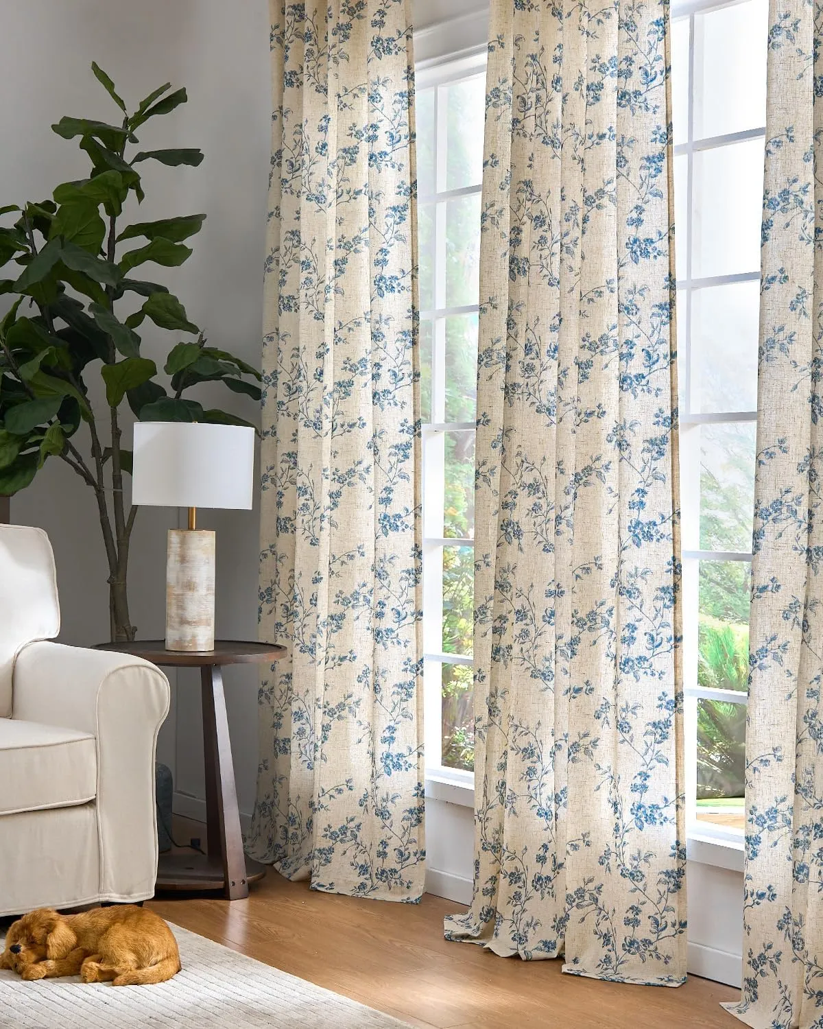 jinchan Linen Floral Curtains for Living Room 96 Inch Length Blue Printed Curtains Back Tab French Country Farmhouse Flower Patterned Drapes Bedroom Window Curtain Set 2 Panels