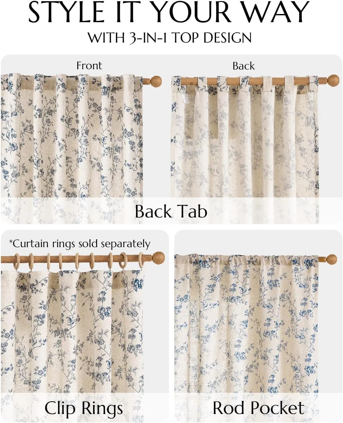 jinchan Linen Floral Curtains for Living Room 96 Inch Length Blue Printed Curtains Back Tab French Country Farmhouse Flower Patterned Drapes Bedroom Window Curtain Set 2 Panels