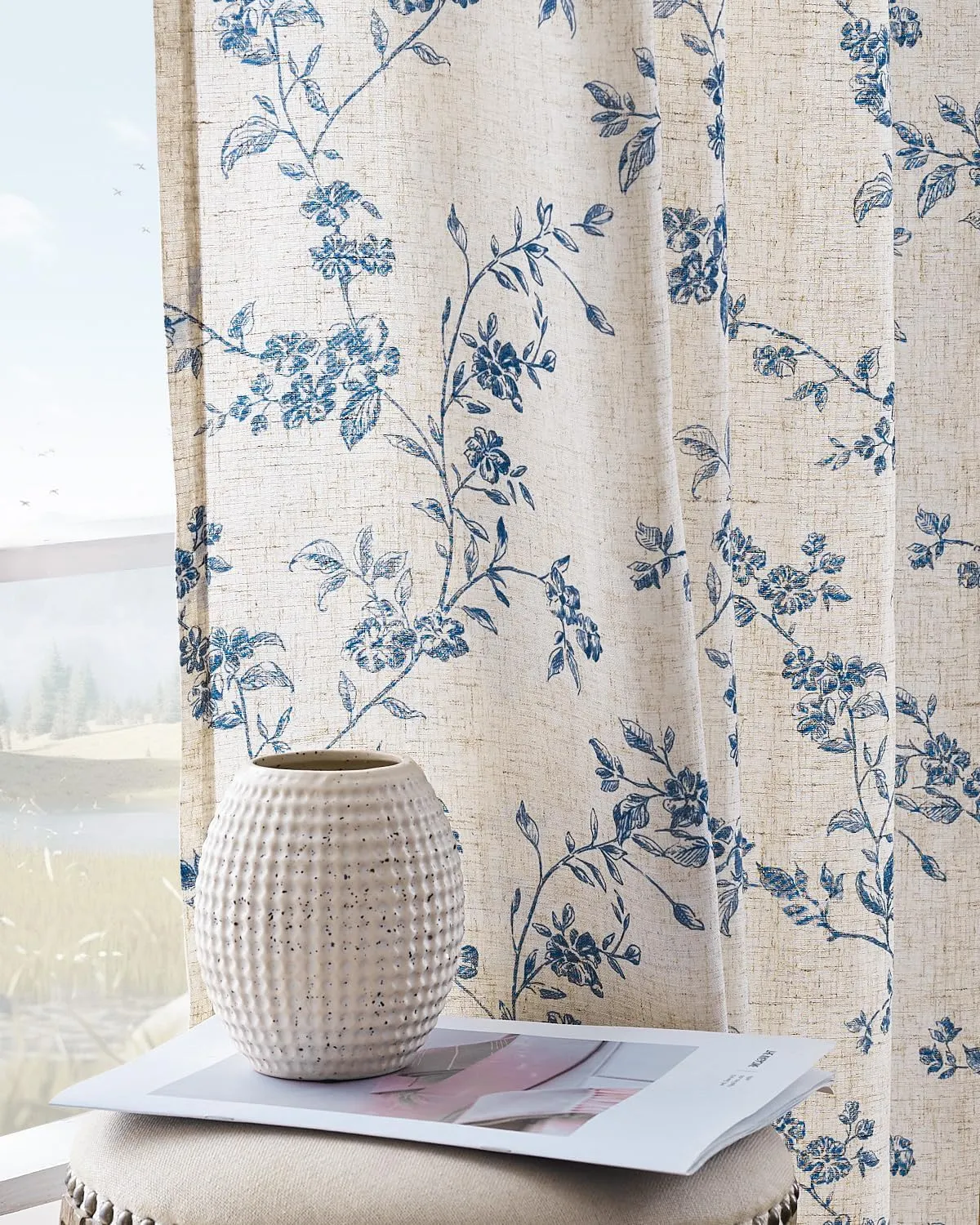 jinchan Linen Floral Curtains for Living Room 96 Inch Length Blue Printed Curtains Back Tab French Country Farmhouse Flower Patterned Drapes Bedroom Window Curtain Set 2 Panels