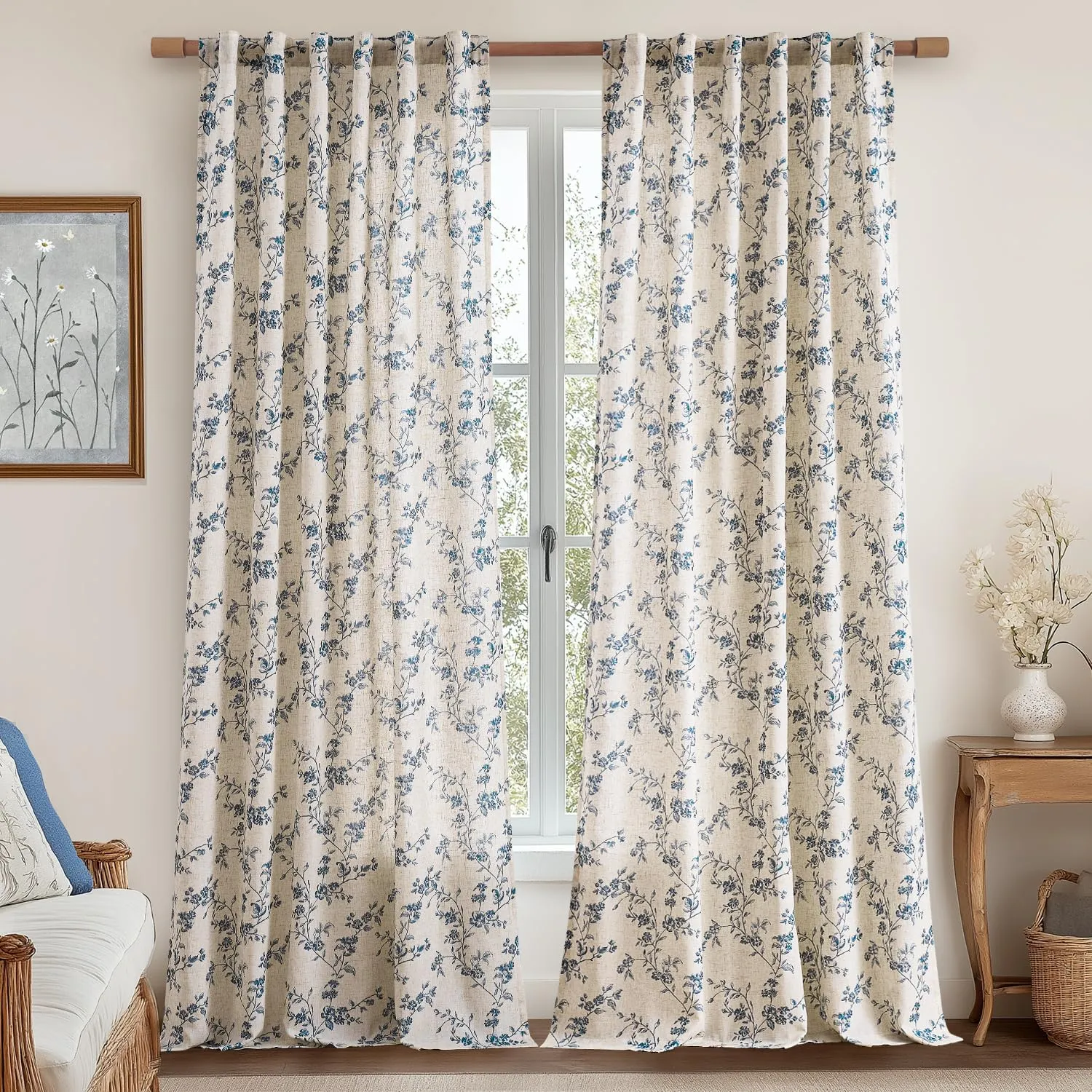 jinchan Linen Floral Curtains for Living Room 96 Inch Length Blue Printed Curtains Back Tab French Country Farmhouse Flower Patterned Drapes Bedroom Window Curtain Set 2 Panels