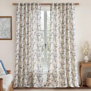 jinchan Linen Floral Curtains for Living Room 96 Inch Length Blue Printed Curtains Back Tab French Country Farmhouse Flower Patterned Drapes Bedroom Window Curtain Set 2 Panels
