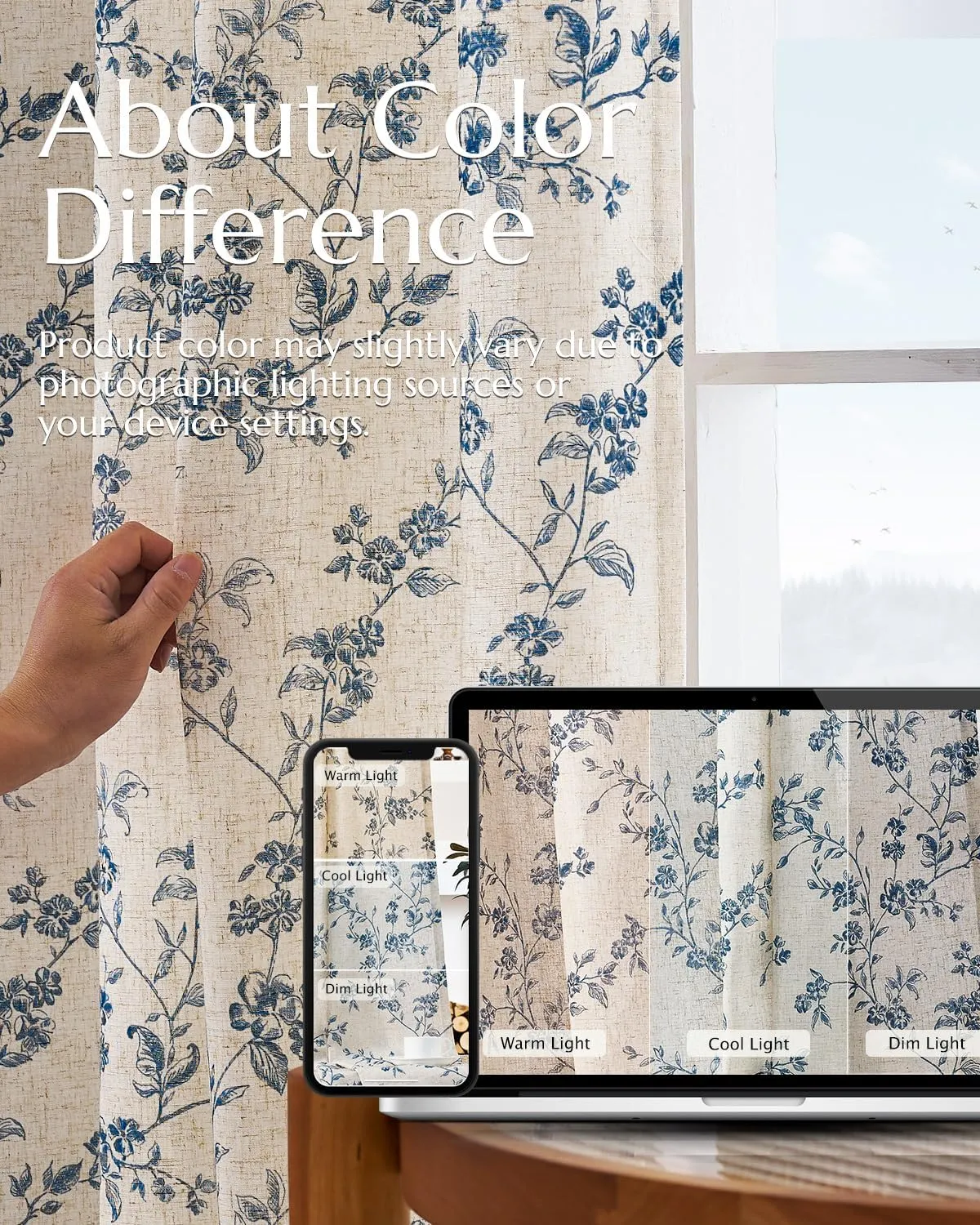 jinchan Linen Floral Curtains for Living Room 96 Inch Length Blue Printed Curtains Back Tab French Country Farmhouse Flower Patterned Drapes Bedroom Window Curtain Set 2 Panels