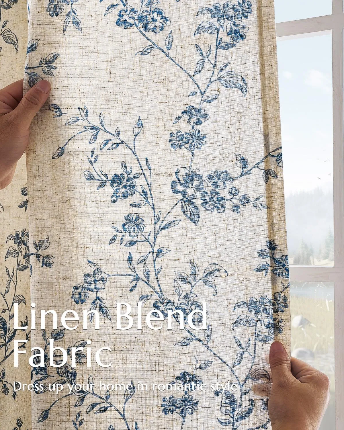 jinchan Linen Floral Curtains for Living Room 96 Inch Length Blue Printed Curtains Back Tab French Country Farmhouse Flower Patterned Drapes Bedroom Window Curtain Set 2 Panels