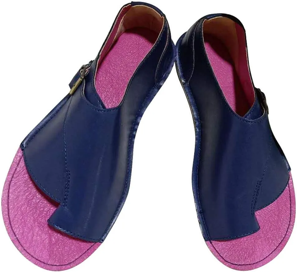 JITUUE Flat Sandals for Women Low Heels Vintage Leather Open-toe Slip on Summer Shoes Buckle Ankle Wrap