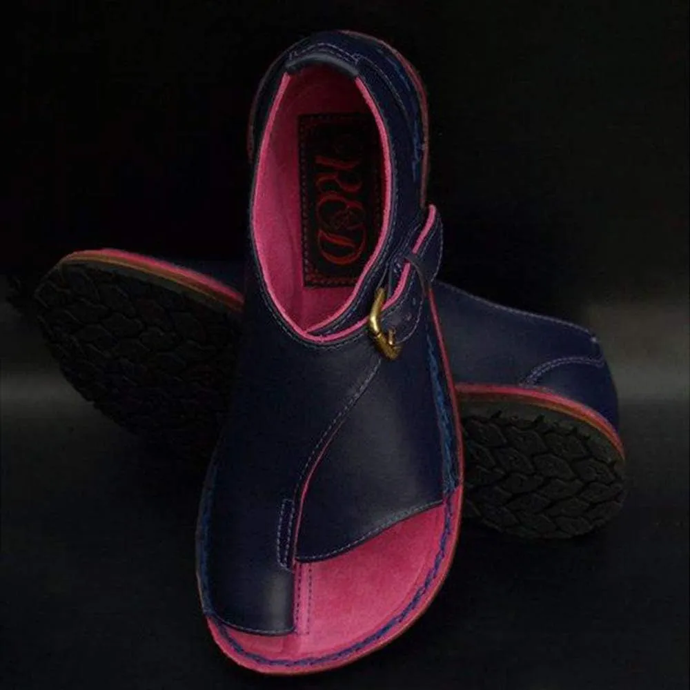JITUUE Flat Sandals for Women Low Heels Vintage Leather Open-toe Slip on Summer Shoes Buckle Ankle Wrap