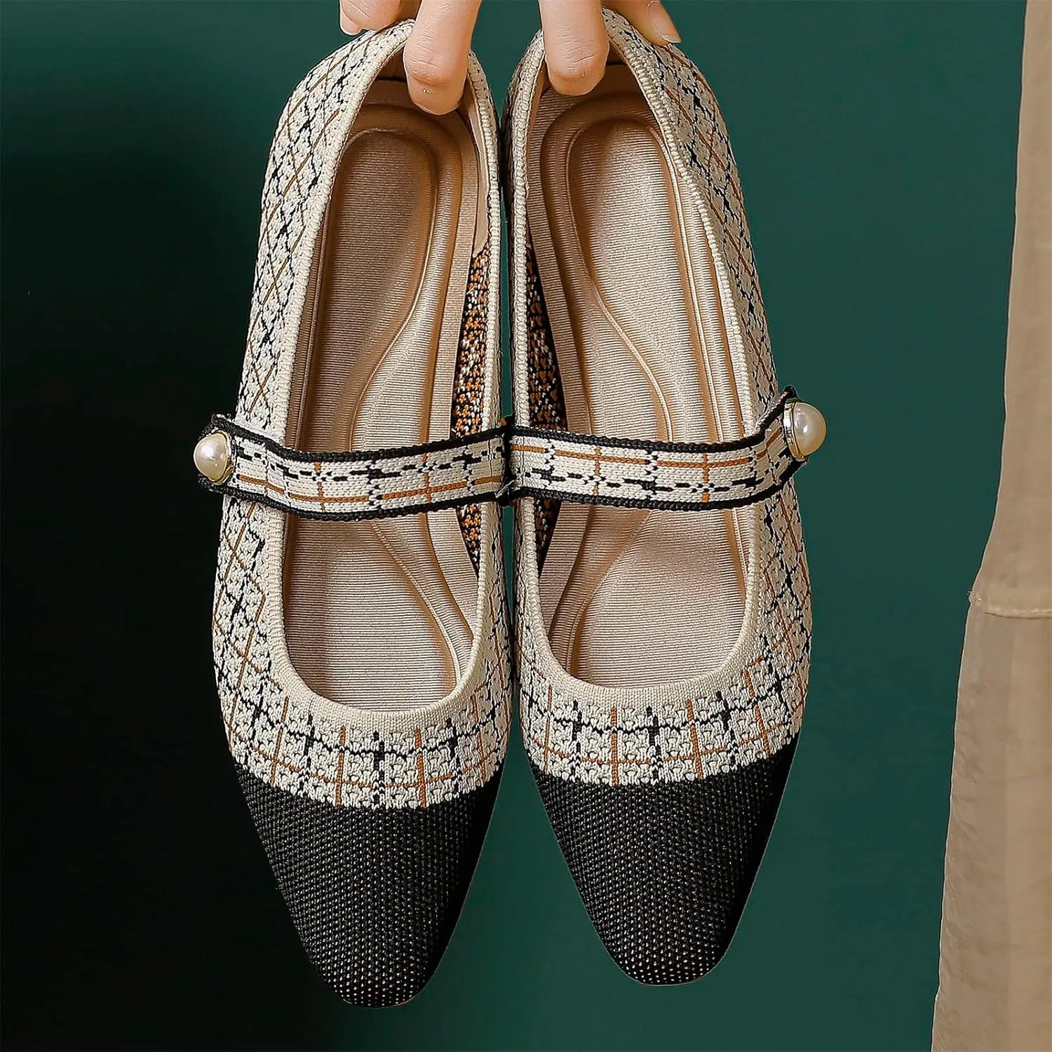 JiuQing Women's Mary Jane Shoes Knit Dress Shoes Pointy Soft Strappy Mesh Office Flats Pumps
