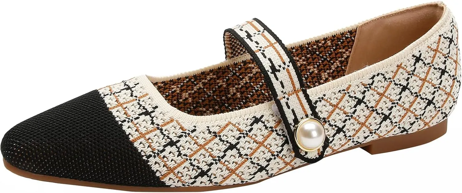 JiuQing Women's Mary Jane Shoes Knit Dress Shoes Pointy Soft Strappy Mesh Office Flats Pumps