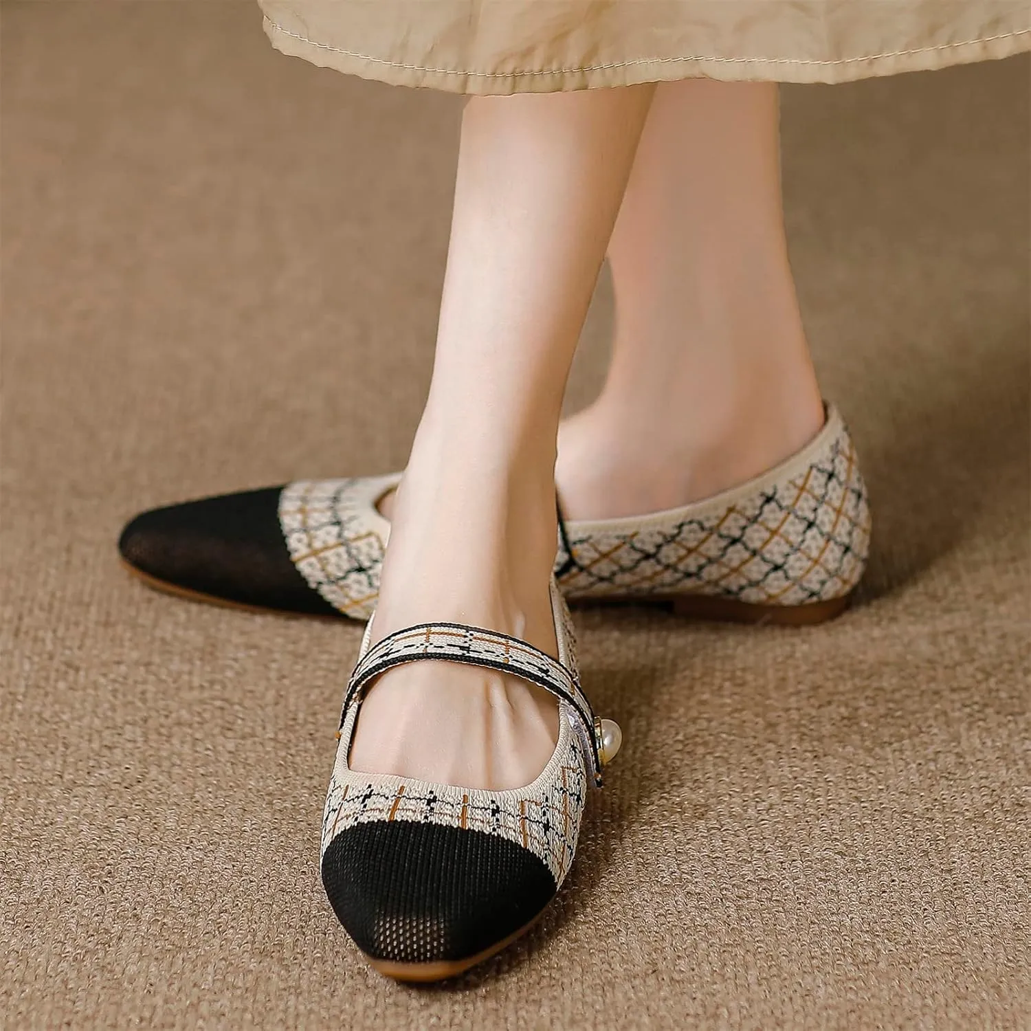 JiuQing Women's Mary Jane Shoes Knit Dress Shoes Pointy Soft Strappy Mesh Office Flats Pumps