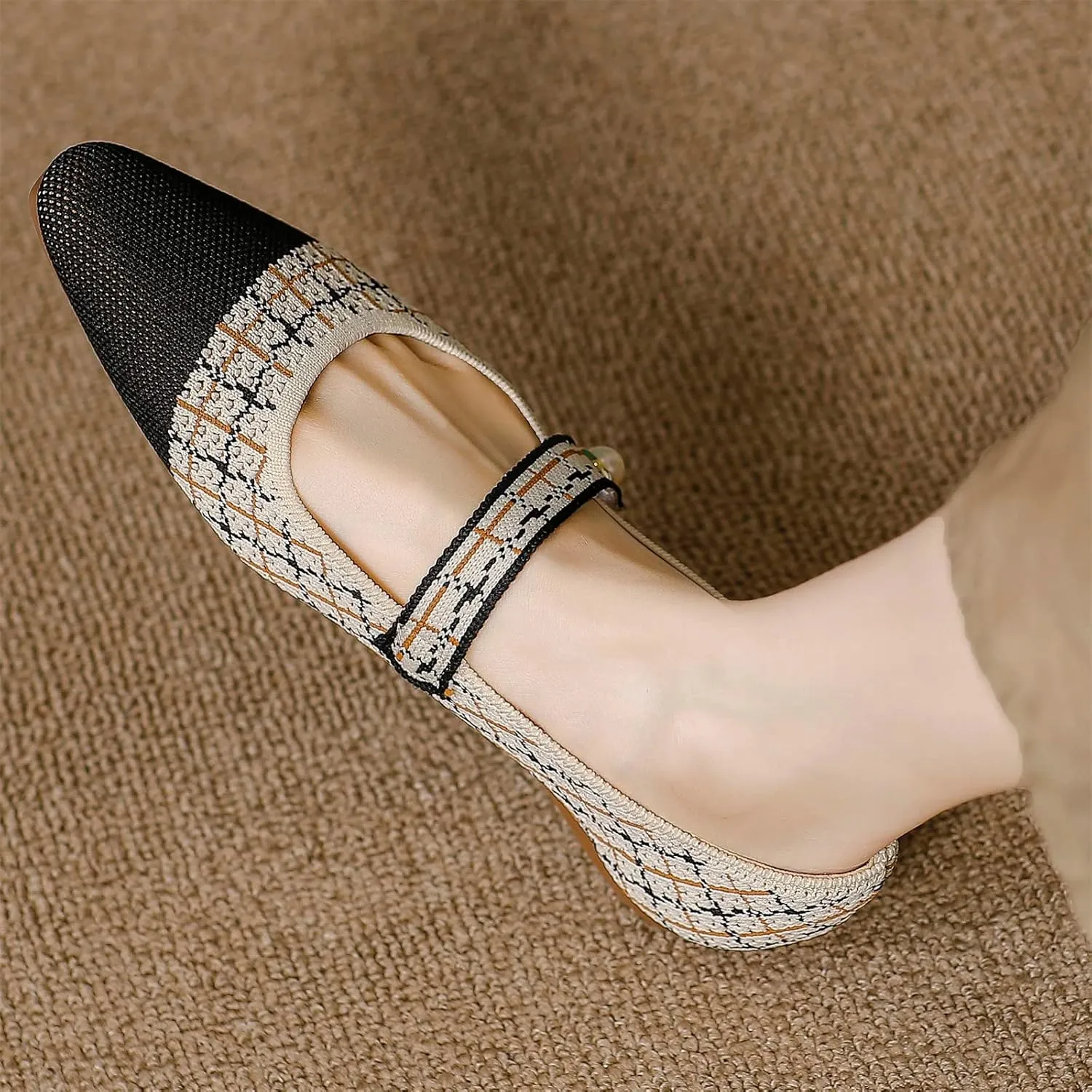 JiuQing Women's Mary Jane Shoes Knit Dress Shoes Pointy Soft Strappy Mesh Office Flats Pumps
