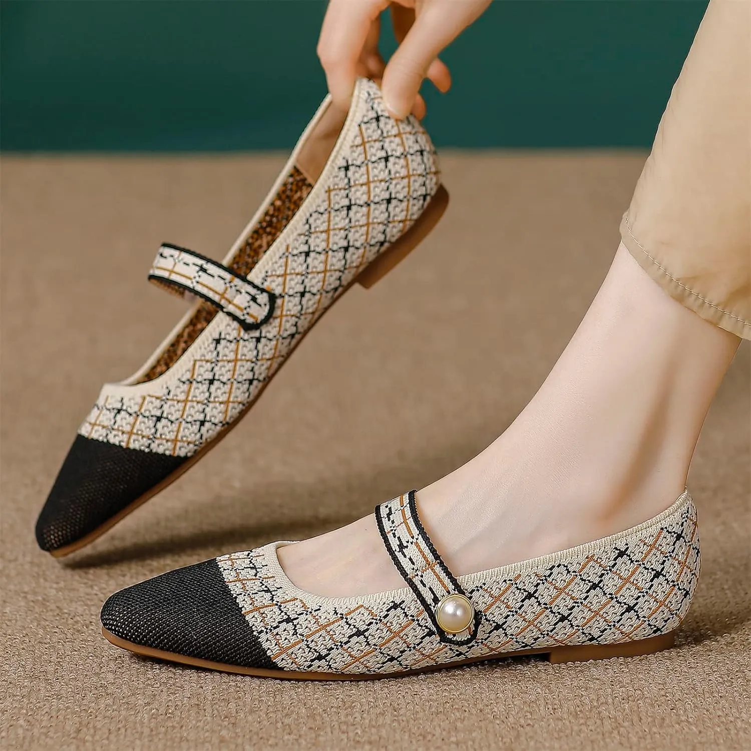 JiuQing Women's Mary Jane Shoes Knit Dress Shoes Pointy Soft Strappy Mesh Office Flats Pumps