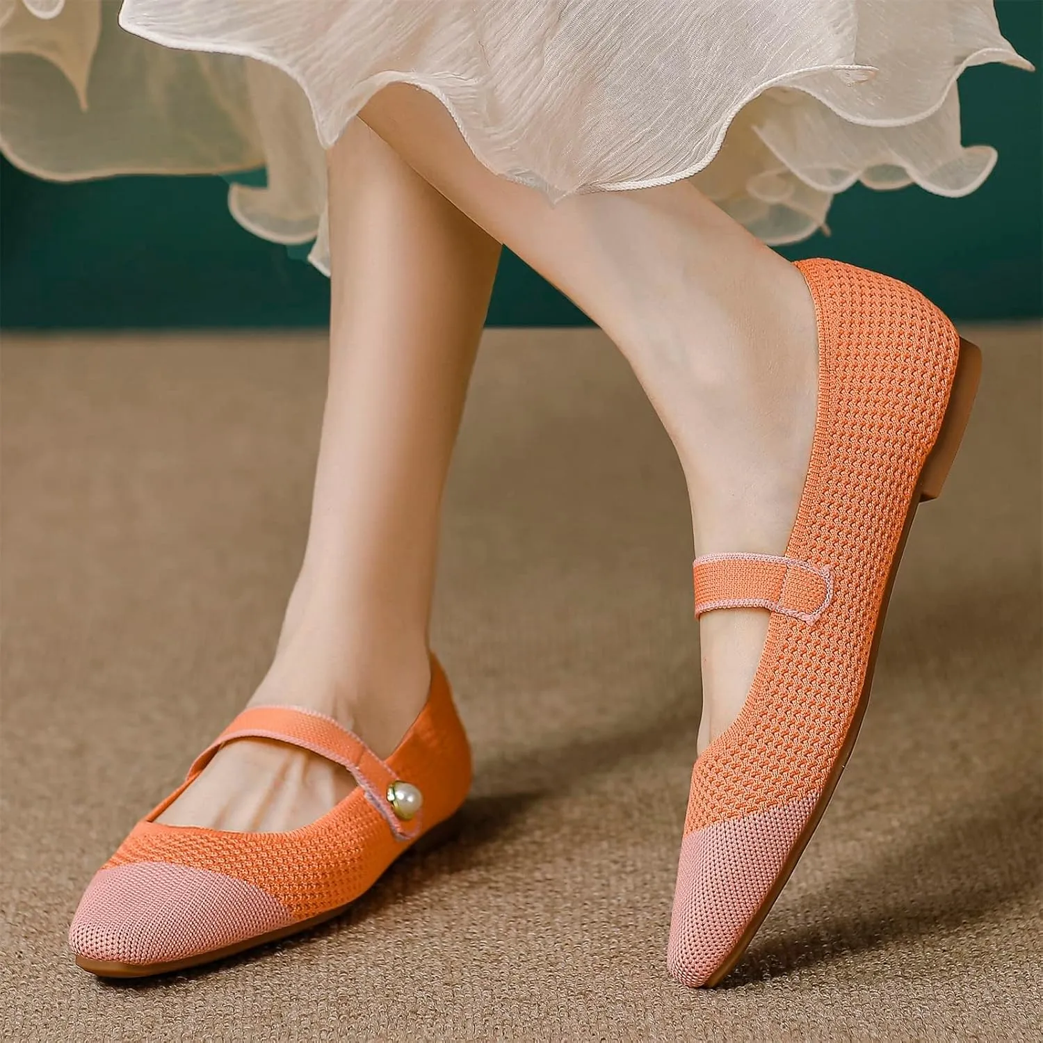 JiuQing Women's Mary Jane Shoes Knit Dress Shoes Pointy Soft Strappy Mesh Office Flats Pumps