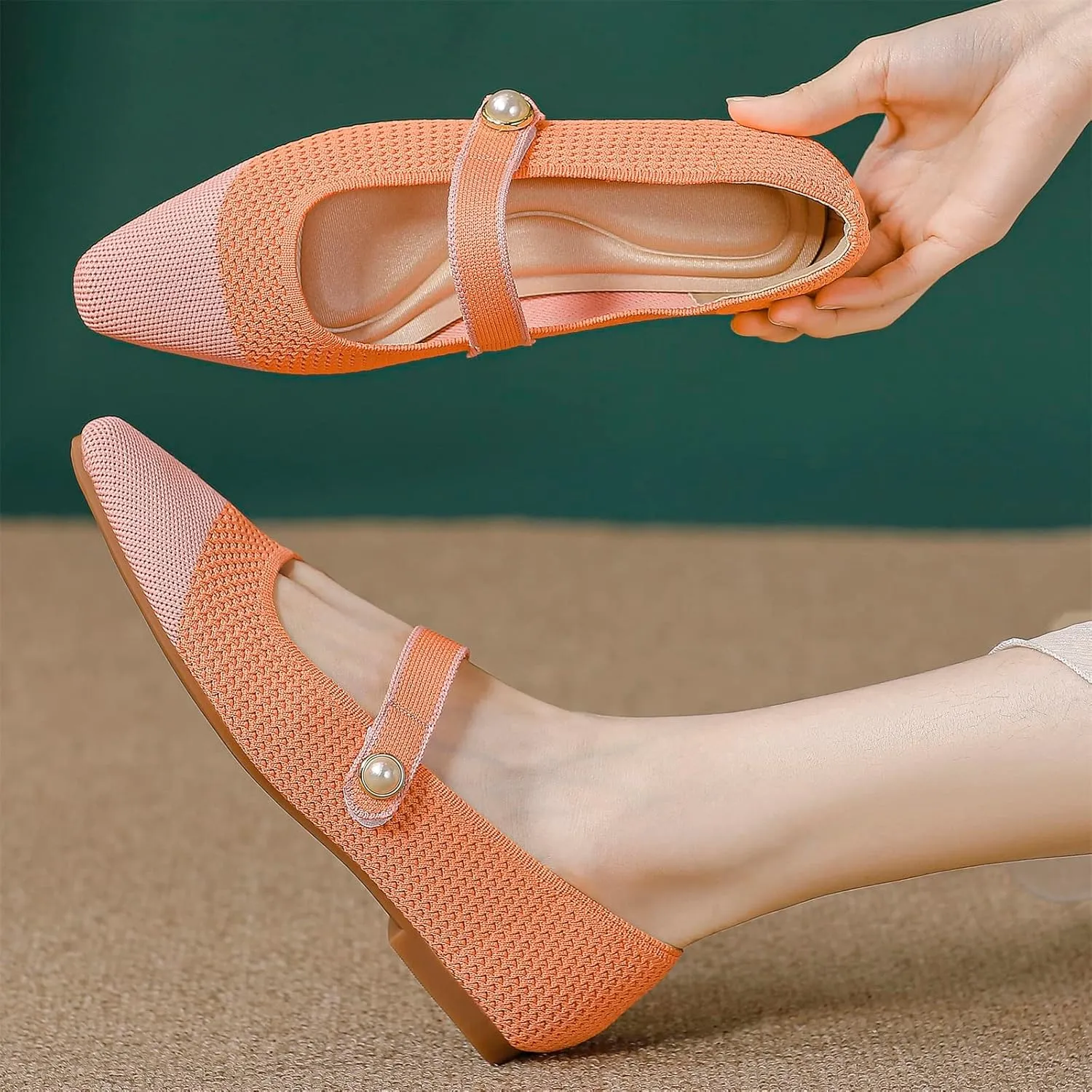 JiuQing Women's Mary Jane Shoes Knit Dress Shoes Pointy Soft Strappy Mesh Office Flats Pumps