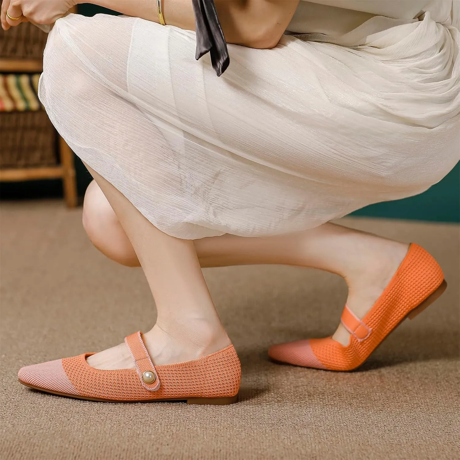 JiuQing Women's Mary Jane Shoes Knit Dress Shoes Pointy Soft Strappy Mesh Office Flats Pumps