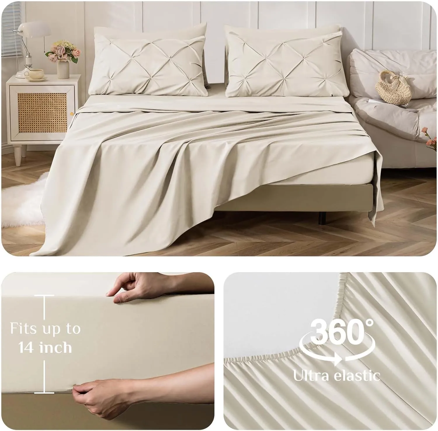 JOLLYVOGUE Full Size Comforter Sets 7 Pieces - Bed in a Bag Full for All Season, Pintuck Bedding Comforter Sets with Comforter, Flat Sheet, Fitted Sheet and Pillowcases & Shams, Beige