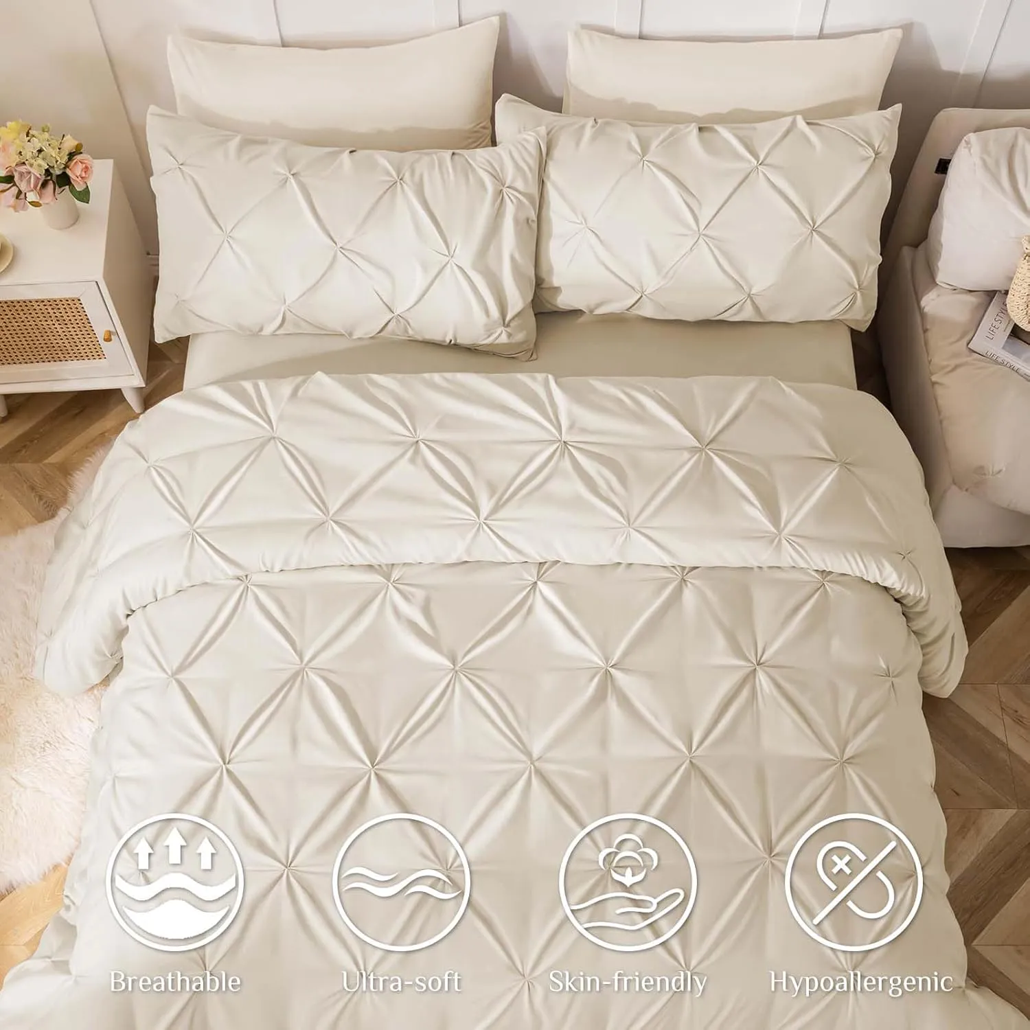 JOLLYVOGUE Full Size Comforter Sets 7 Pieces - Bed in a Bag Full for All Season, Pintuck Bedding Comforter Sets with Comforter, Flat Sheet, Fitted Sheet and Pillowcases & Shams, Beige