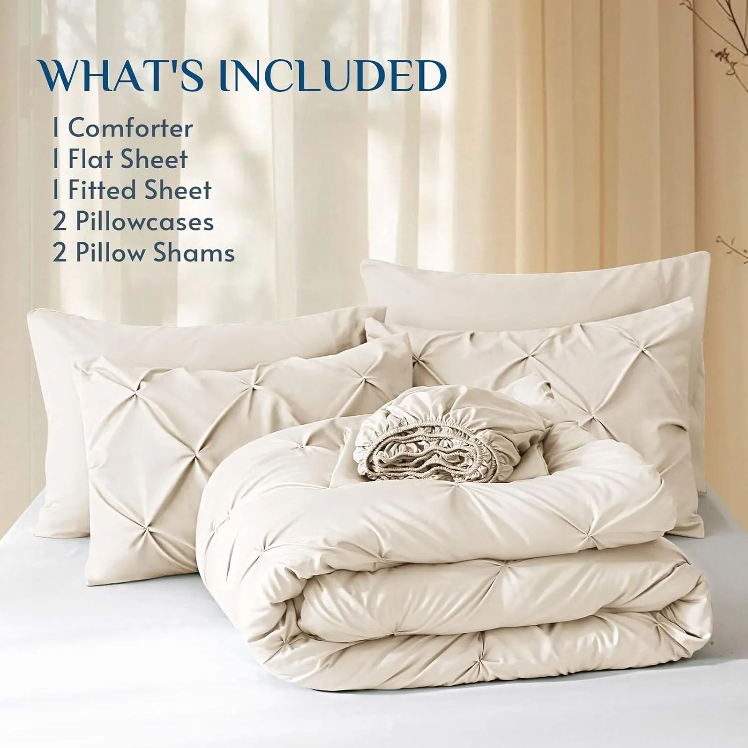 JOLLYVOGUE Full Size Comforter Sets 7 Pieces - Bed in a Bag Full for All Season, Pintuck Bedding Comforter Sets with Comforter, Flat Sheet, Fitted Sheet and Pillowcases & Shams, Beige