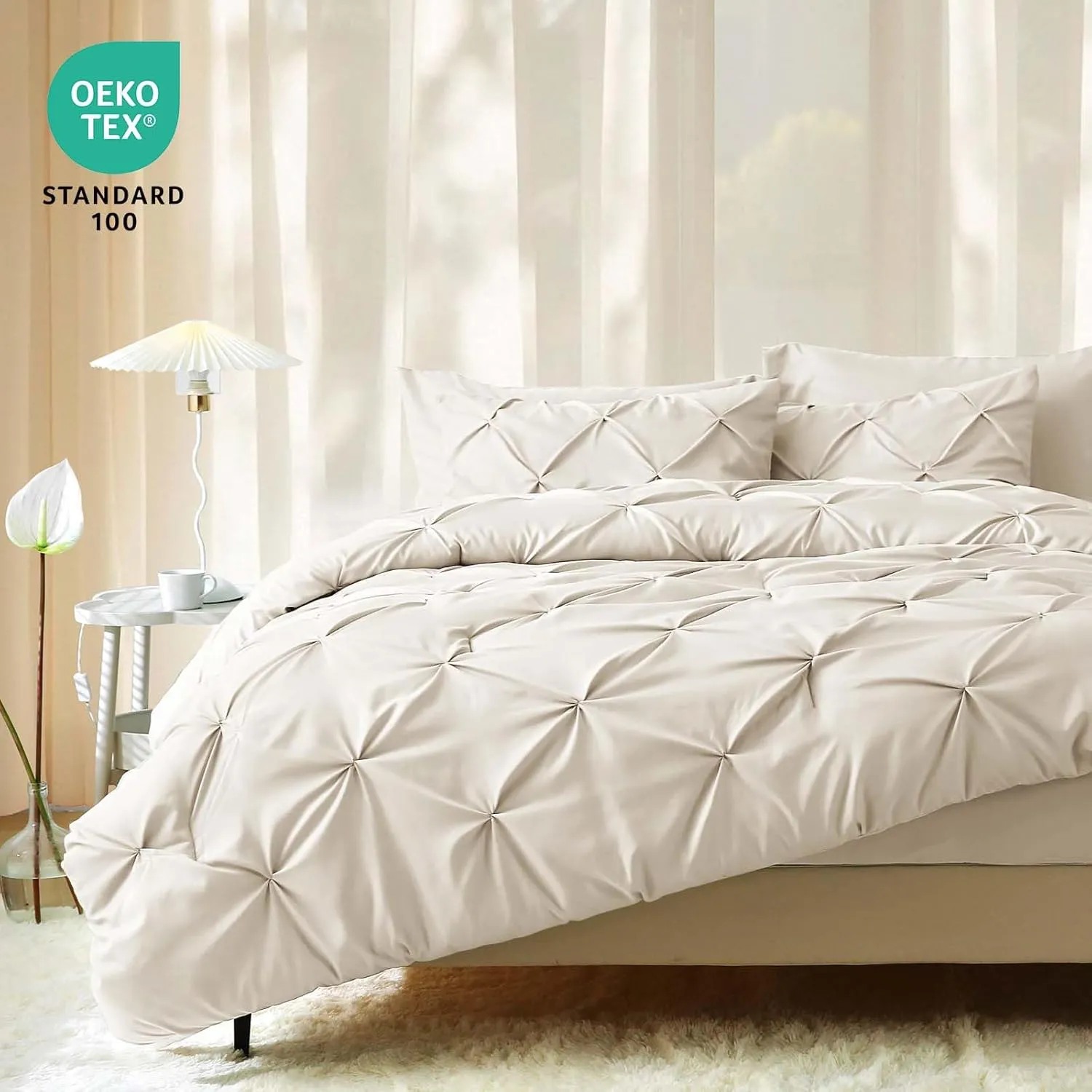 JOLLYVOGUE Full Size Comforter Sets 7 Pieces - Bed in a Bag Full for All Season, Pintuck Bedding Comforter Sets with Comforter, Flat Sheet, Fitted Sheet and Pillowcases & Shams, Beige
