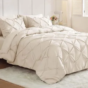 JOLLYVOGUE Full Size Comforter Sets 7 Pieces - Bed in a Bag Full for All Season, Pintuck Bedding Comforter Sets with Comforter, Flat Sheet, Fitted Sheet and Pillowcases & Shams, Beige