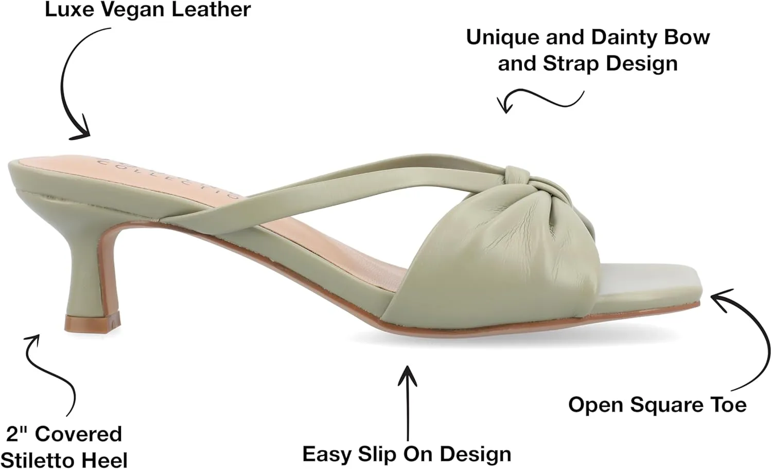 Journee Womens Strappy Bow Slip On Open Square Toe Stiletto Low Kitten Heel Padded Slide Starling Pumps