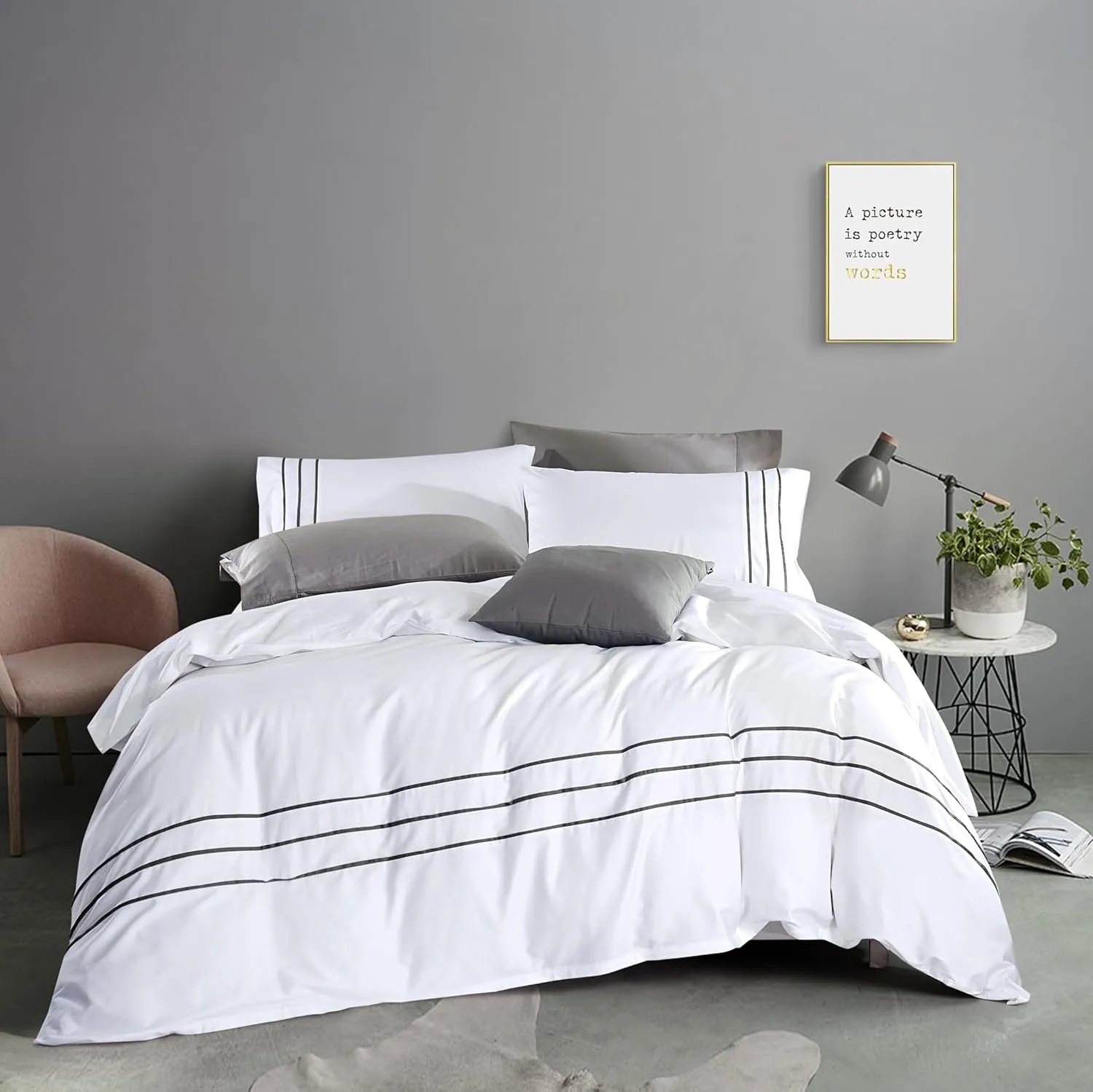 Karen 3 Pieces White Duvet Cover Set Without Filling Grey Stripe Trim 100% Egyptian Cotton 300 Thread Count Soft Sateen Hotel Collection Zipper Closure Corner Ties (White Grey, King)…