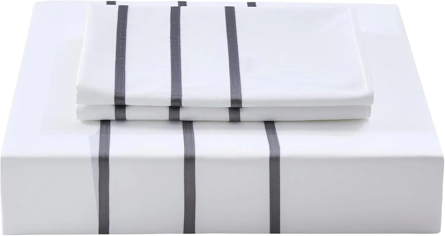 Karen 3 Pieces White Duvet Cover Set Without Filling Grey Stripe Trim 100% Egyptian Cotton 300 Thread Count Soft Sateen Hotel Collection Zipper Closure Corner Ties (White Grey, King)…
