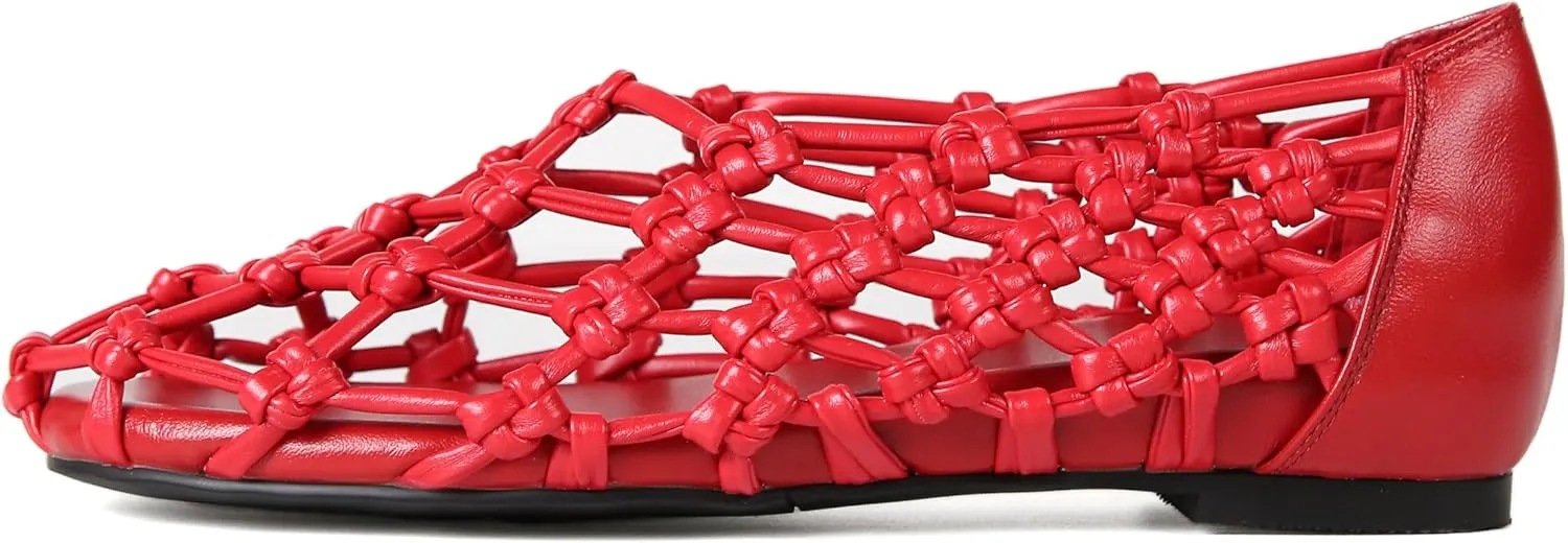 Knotted Flats for Women Woven Leather Round Toe Ballet Flat Comfortable Casual Summer Ballerina Shoes Fishnet Mary Jane Shoe