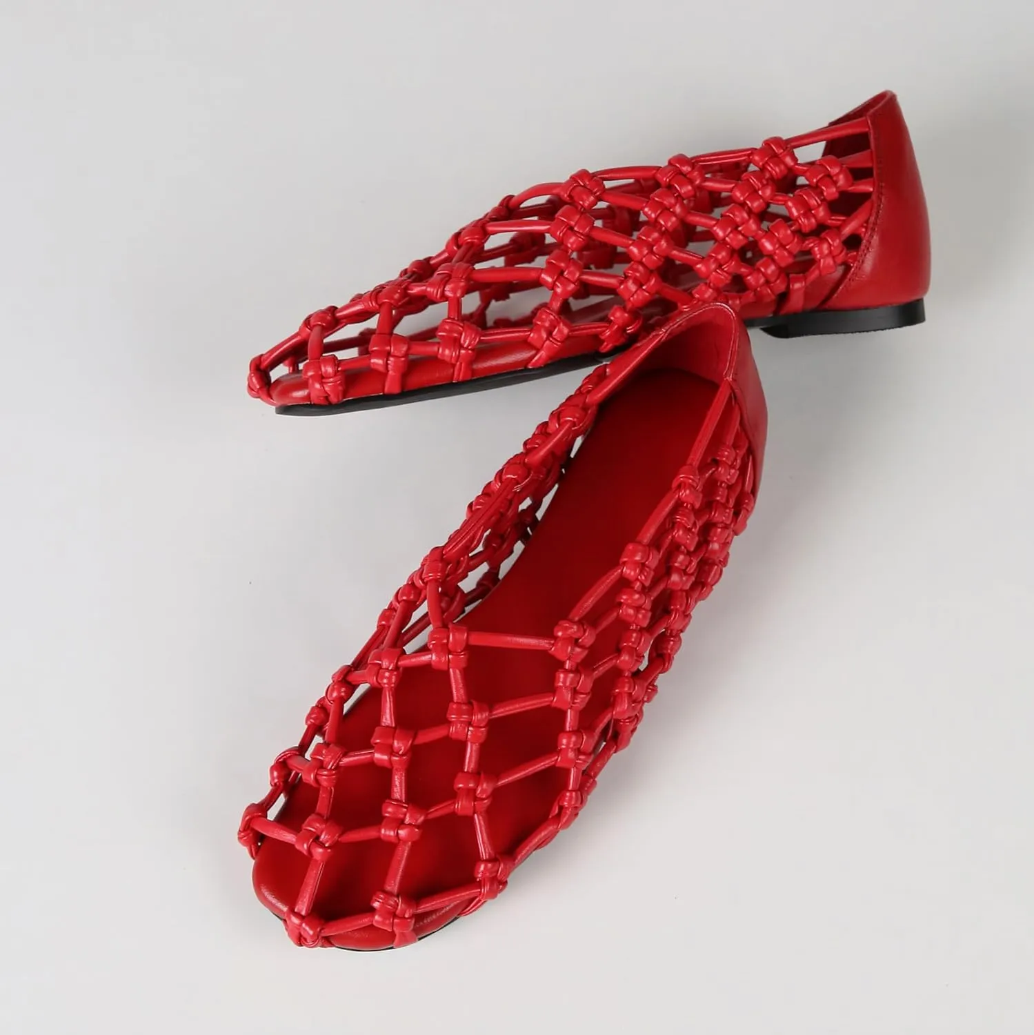 Knotted Flats for Women Woven Leather Round Toe Ballet Flat Comfortable Casual Summer Ballerina Shoes Fishnet Mary Jane Shoe