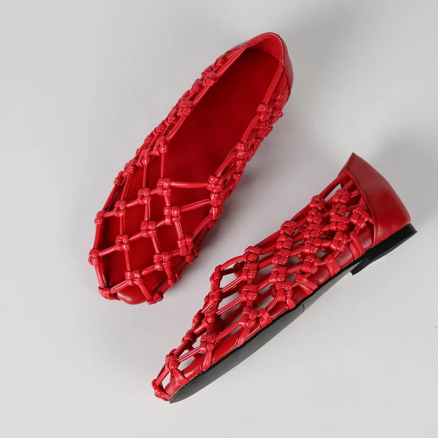 Knotted Flats for Women Woven Leather Round Toe Ballet Flat Comfortable Casual Summer Ballerina Shoes Fishnet Mary Jane Shoe
