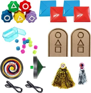 Korean Squid Traditional Play Game 5 Piece Set - Ddakji, Flying-Stone(Biseokchigi), Gong-gi, Spinning-Top(Paeng-y), Jegi