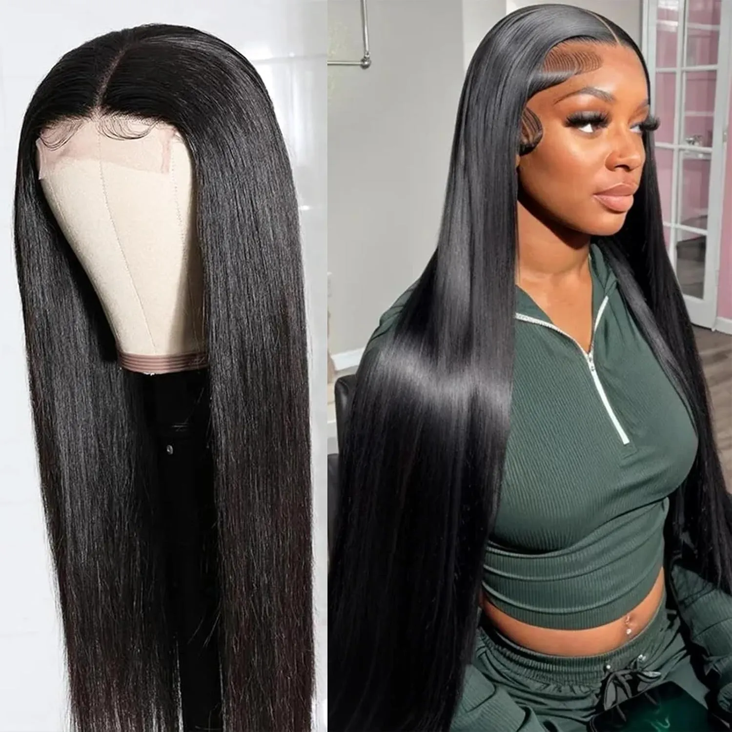 Lace Front Wigs Synthetic Artificial Hair with Pre-Plucked Wig Straight Natural Black Wig for Black Women Transparent Lace Frontal Synthetic Straight Wigs 26 Inch