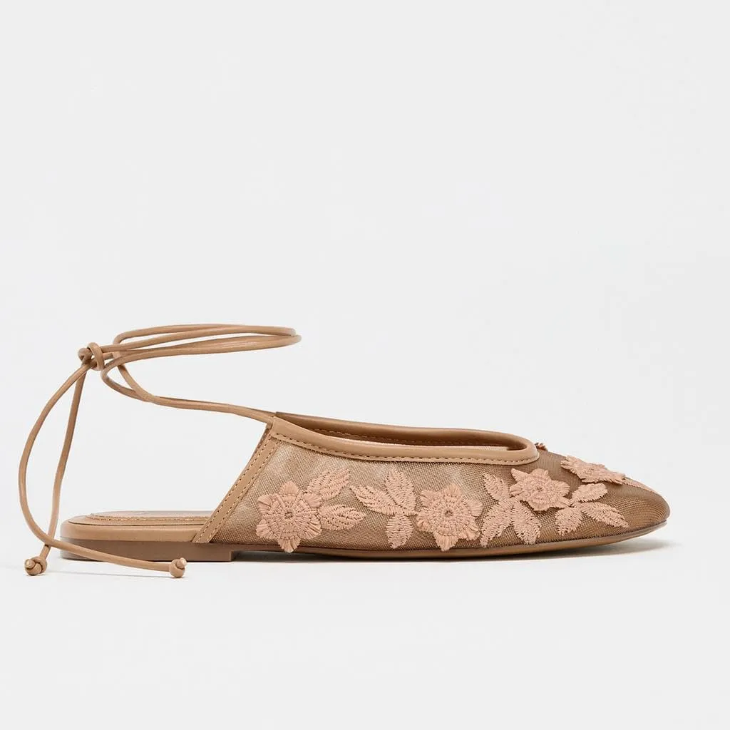 Lace Up Mesh Ballet Flat for Women Embroidered Floral Round Toe Mary Jane Flats Summer Slingback Ballerina Shoes