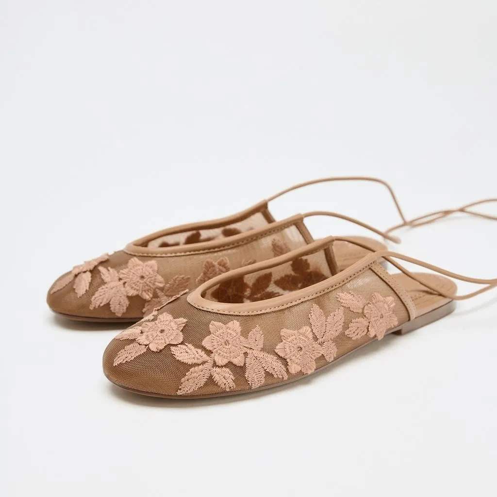 Lace Up Mesh Ballet Flat for Women Embroidered Floral Round Toe Mary Jane Flats Summer Slingback Ballerina Shoes