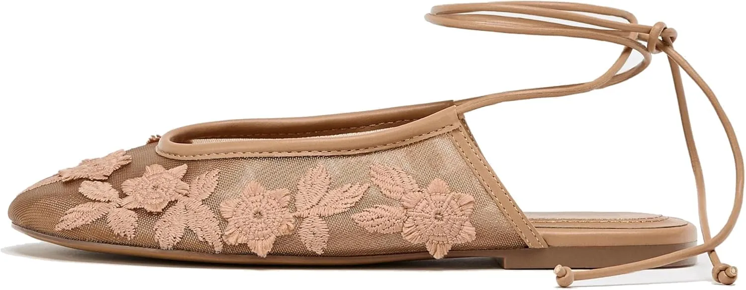 Lace Up Mesh Ballet Flat for Women Embroidered Floral Round Toe Mary Jane Flats Summer Slingback Ballerina Shoes