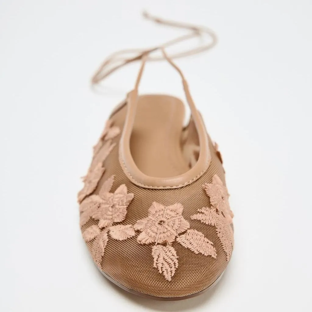 Lace Up Mesh Ballet Flat for Women Embroidered Floral Round Toe Mary Jane Flats Summer Slingback Ballerina Shoes