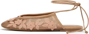 Lace Up Mesh Ballet Flat for Women Embroidered Floral Round Toe Mary Jane Flats Summer Slingback Ballerina Shoes