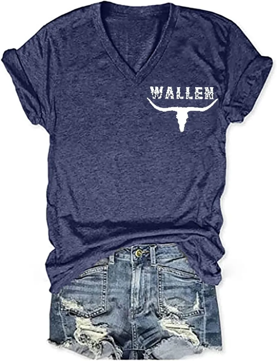 Last Night We Let The Liquor Talk Country Music Tshirt Women Letter Print V-Neck T Shirt Western Bull Skull Tee Tops