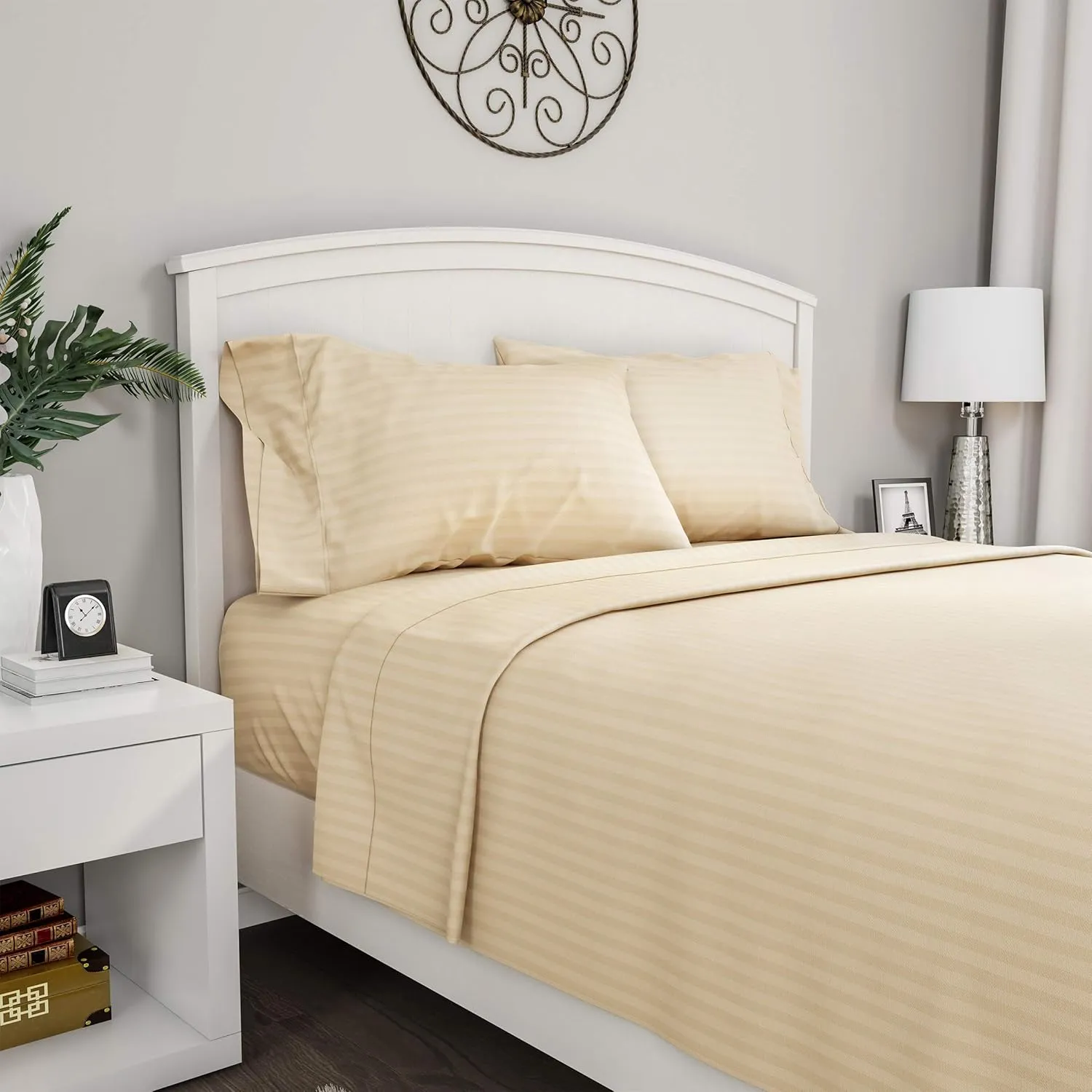 Lavish Home Embossed Stripe Brushed Microfiber Sheet Set- 4 Piece- Hypoallergenic Bed Linens with Deep Pocket Fitted Sheet & 2 Pillowcases (Queen, Ivory) (66-SS005)