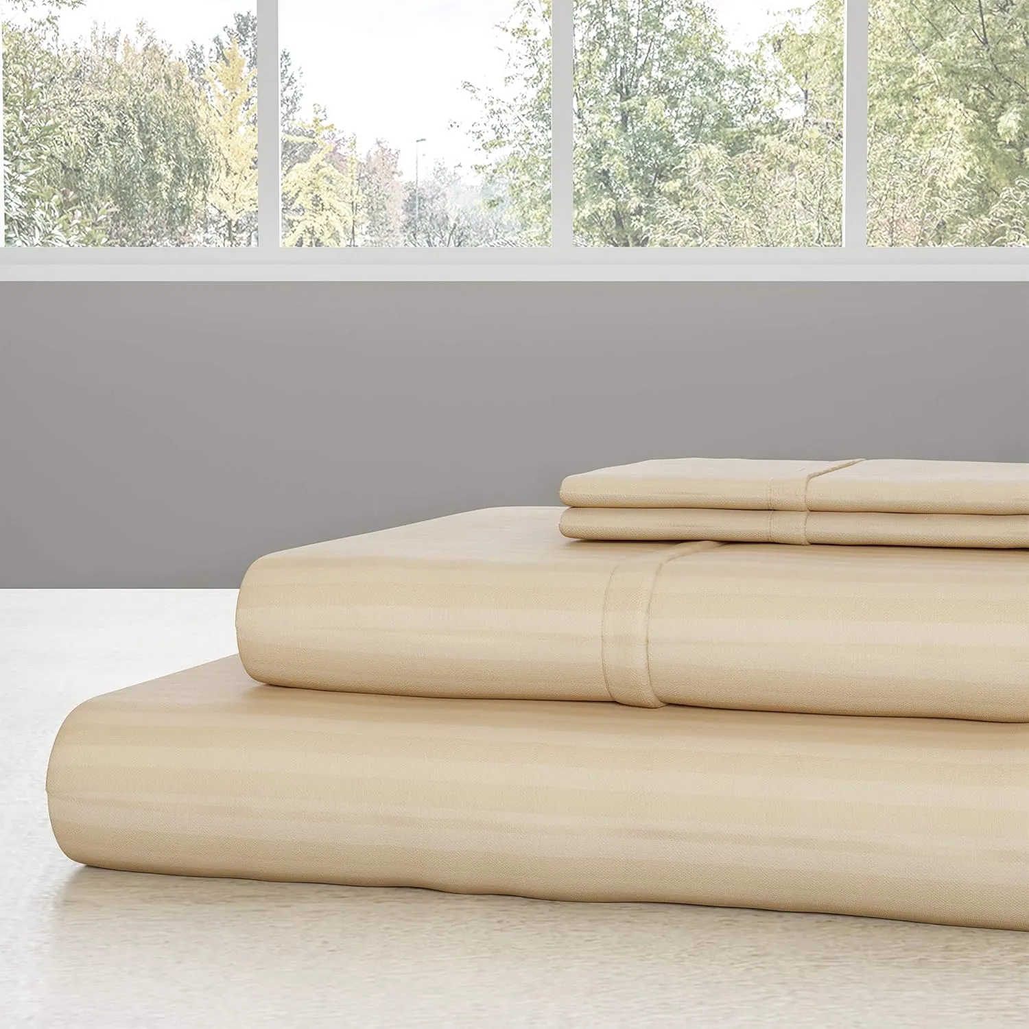 Lavish Home Embossed Stripe Brushed Microfiber Sheet Set- 4 Piece- Hypoallergenic Bed Linens with Deep Pocket Fitted Sheet & 2 Pillowcases (Queen, Ivory) (66-SS005)