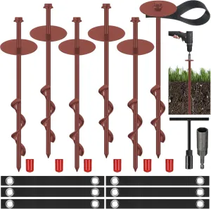 LEIFIDE 6 Set 12'' Brown Trampoline Stakes Ground Anchors Screw in Heavy Duty Trampoline Parts Spiral Stakes Earth Auger for Tents Canopies Swing Set Shed with Belt Straps