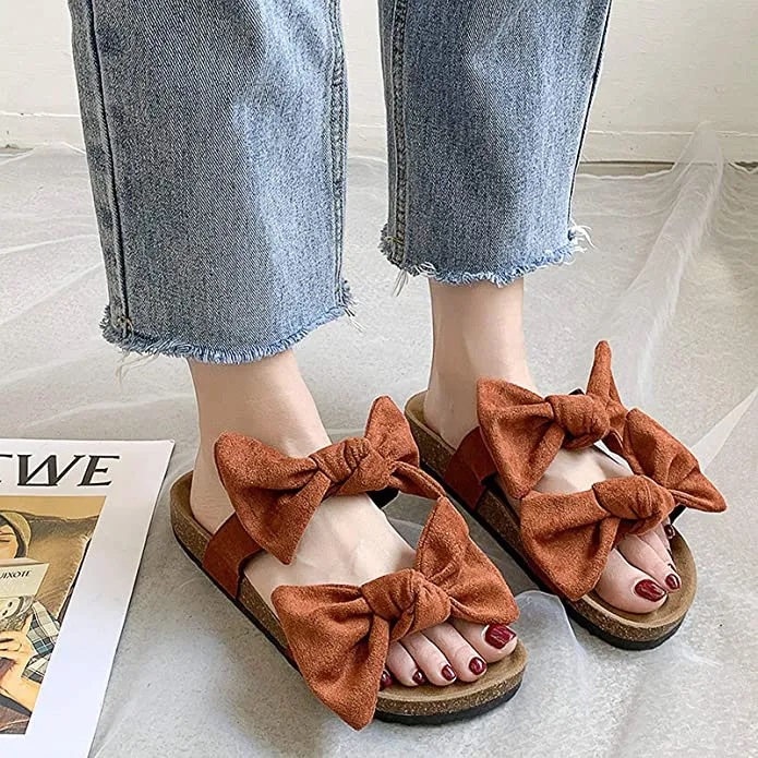 Leopard Bow Knot Suede Leather Soft Cork Slip On Sandals