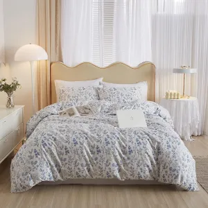 LifeTB Vintage Style Cotton Floral Duvet Cover Queen Boho Blue Floral Bedding Sets Chic Shabby Aesthetic Floral Comforter Cover Soft Botanical Bedding Sets 1 Queen Duvet Cover 2 Pillow Shams
